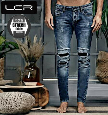 スキニージーンズ メンズ ストレッチ ZIPディテール テーパード ブルー 29/30/31/32/33/34/36インチ