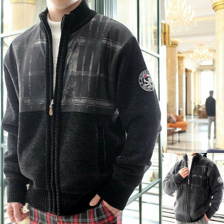 ジップアップニット スタンドカラー セーター ハイネック ニット 厚地 フルジップ モール素材 メンズ 秋/冬 厚手 黒グレー