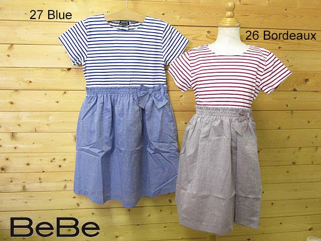 SALE! 30%OFF!! 2018春夏【BeBe ベベ】GRTシルケットボーダー/シャンブレー切替ワンピース ：120cm〜140cm　：1101-93016