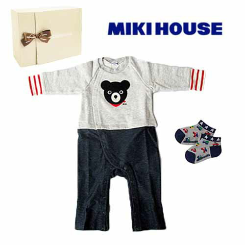 サンクスプライス☆MIKIHOUSE ミキハウス　黒クマのお顔カバーオール＆ソックスセットギフト：フリー80cm/11-13cm：43-1221-357g-gift