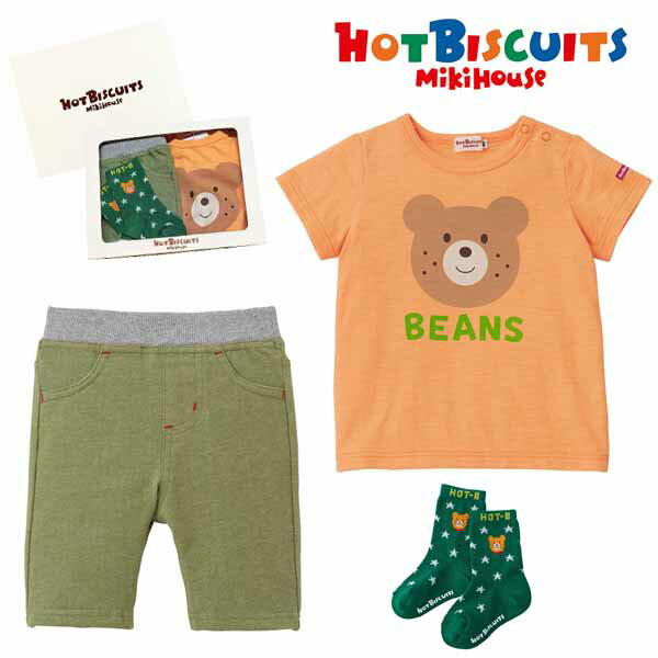 セット価格☆MIKIHOUSE HOTBISCUITS ミキハウス ホットビスケッツ　半袖Tシャツ＆6分丈パンツ＆ソックス3点セットギフト：80cm/11-13cm：72-5203-825dgift