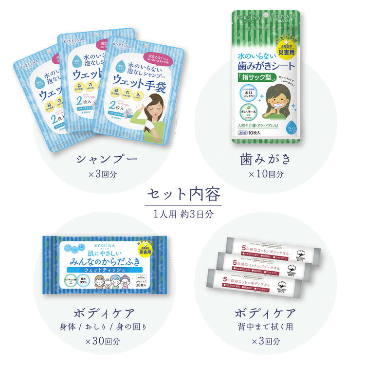 3個セット 水のいらない全身キレイセット 3日分×3個 KYREINA 全身キレイセット 防災 衛生用品 セット 断水対策 水なし 体拭きシート 歯磨きシート ドライシャンプー ウェットティッシュ 5年保存 コットンボディタオル 【ポイント3倍】 binotoki-10000877 BINOTOKI+ サンプル画像3