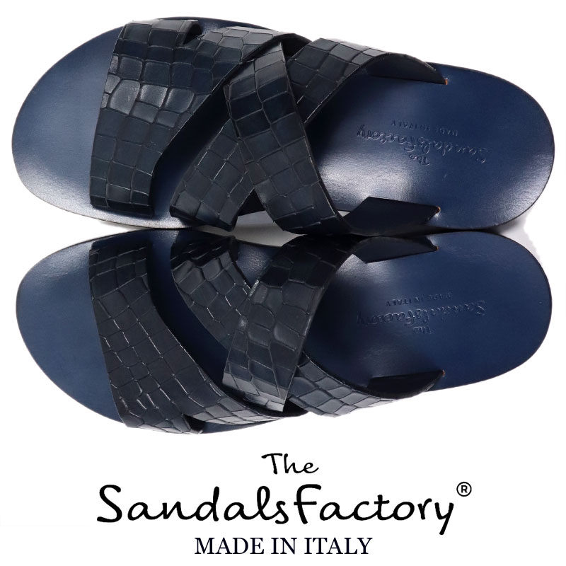 The Sandals Factory ≪ザ・サンダルズファクトリー≫ イタリアブランド　NuovoNicar イタリア製 クロコ型押し レザーサンダル メンズ 春夏 ≪本革 革サンダル ゴム底 ラバーソール　ネイビー 紺≫【送料無料】RN