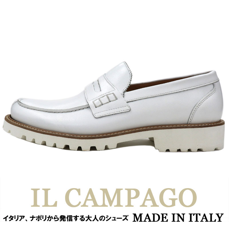 IL CAMPAGO ≪イルカンパゴ≫ イタリア製 ホワイト スリッポンシューズ メンズ イタリアブランド ドレスシューズ タンクソール ローファー ≪ビジネスシューズ カジュアルシューズ 革靴 本革 紳士靴 ホワイト 白≫【送料無料】35000WSK