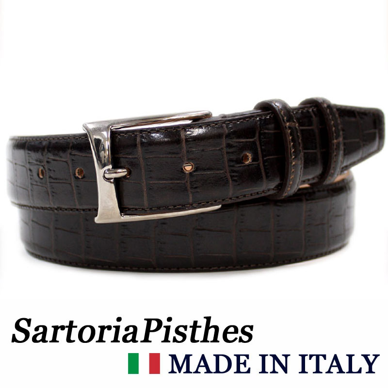 SartoriaPisthes イタリア製 レザーベルト クロコ型押しレザー メンズ サイズ調整フリーサイズ ≪本革 ビジネス 紳士ベルト 35mm 茶 ダークブラウン レザー 大きいサイズ おしゃれ ドメスティックブランド≫≪ベルト2本セール対象≫【送料無料】