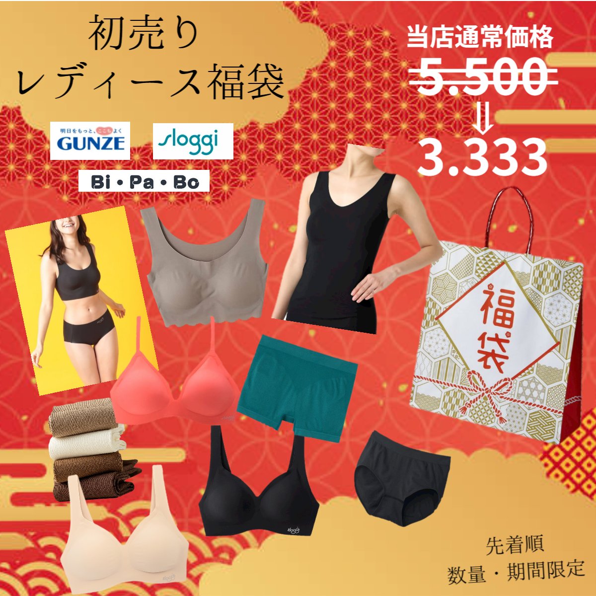 ＼クーポンあり／ 福袋2024 【4サイズより選べる】福袋 ブラジャー 下着 レディース セット ブラ ショーツ ソックス ノンワイヤーブラのサムネイル