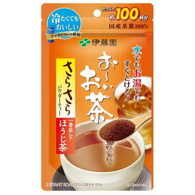 商品詳細 商品名 お～いお茶 さらさらほうじ茶 商品説明 香ばしい一番茶をブレンドした茶葉(国産茶葉100％使用)を丹念に直火焙煎したインスタントほうじ茶です(約100杯分お楽しみいただけます)。 内容量 80g 原材料 茶(ほうじ茶(番茶、一番茶))、デキストリン、ビタミンC 栄養成分(1杯(0.8g)当たり) エネルギー 3kcal たんぱく質 0.02g 脂質 0g 炭水化物 0.7g 食塩相当量 0.004g アレルギー物質 なし メーカー 伊藤園 注意事項 ※リニューアルにより原材料及びパッケージが変更になる場合がございます。予めご了承ください。 当社では複数店舗で在庫を共有しており、システムで在庫調整を行っておりますが、TV放映等による一時的な注文数の増大や、在庫の更新タイミングにより在庫にずれが生じる場合がございます。 在庫更新が間に合わずご注文頂いた商品が欠品となる場合もございます。 欠品が生じた場合や商品の発送が遅れる場合は、改めてご連絡させていただきます。 ご迷惑をお掛けする場合がございますが、あらかじめご了承くださいませ。 広告文責 有限会社ビレイズ 06-6536-9555