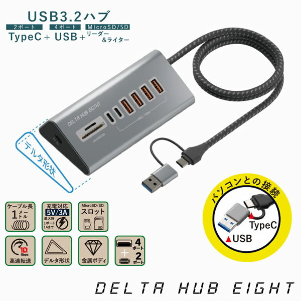 エアリア デルタハブエイト SD-HC2A4-CR (メール便送料無料) USBハブ TypeC 高速転送 SDカードスロット..