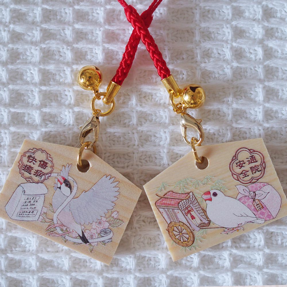 楓工房 絵馬根付・傷病快癒&通院安全 文鳥 ・桜、白 202A0439　ネコポス対応可能 BIRDMORE バードモア ..