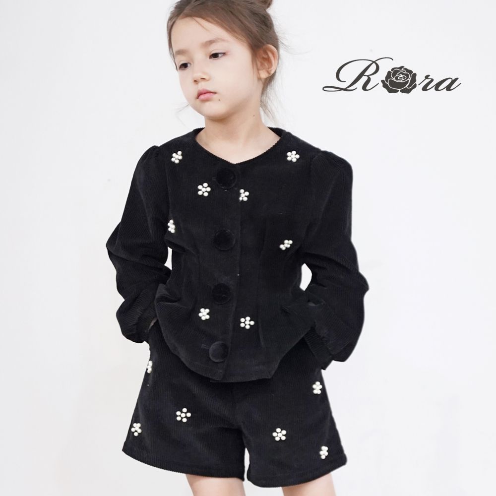 【期間限定30%OFF】(ローラ)　コーデュロイ ジャケット パンツ セット[子供服 女の子 キッズ セットアップ パール 可愛い おしゃれ 上品 大人っぽい お出かけ フォーマル シンプル 通園 通学 黒 100 110 120 130 140]