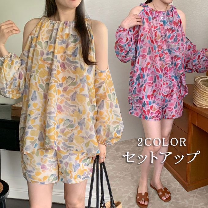 乐天商城 - トップス ショートパンツ ボトムス 体型カバー 花柄 プリント 着痩せ 夏服 セットアップ レディース 上下セット シフォンブラウス オフショルダー 長袖 可愛い 韓国ファッション 送料無料