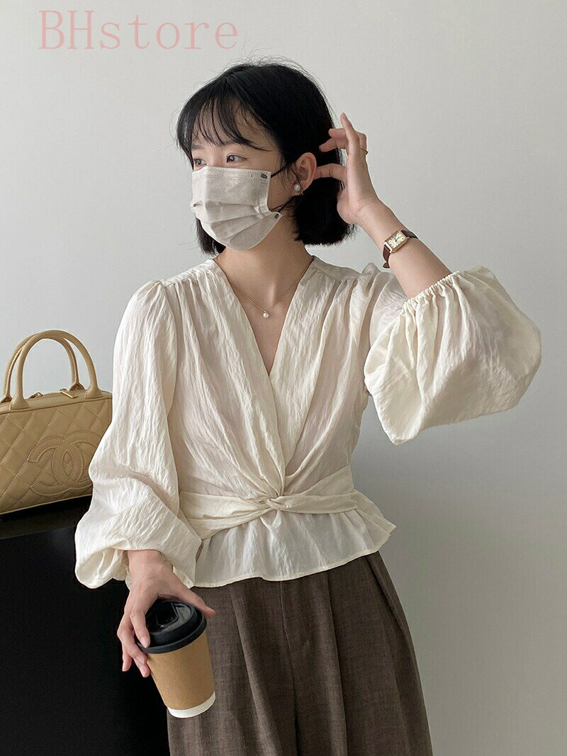 乐天商城 - ブラウス レディース トップス 長袖 Vネック フリル 無地 パフスリーブ ゆったり 着痩せ 可愛い おしゃれ 通勤 OL 普段着 春 夏 秋