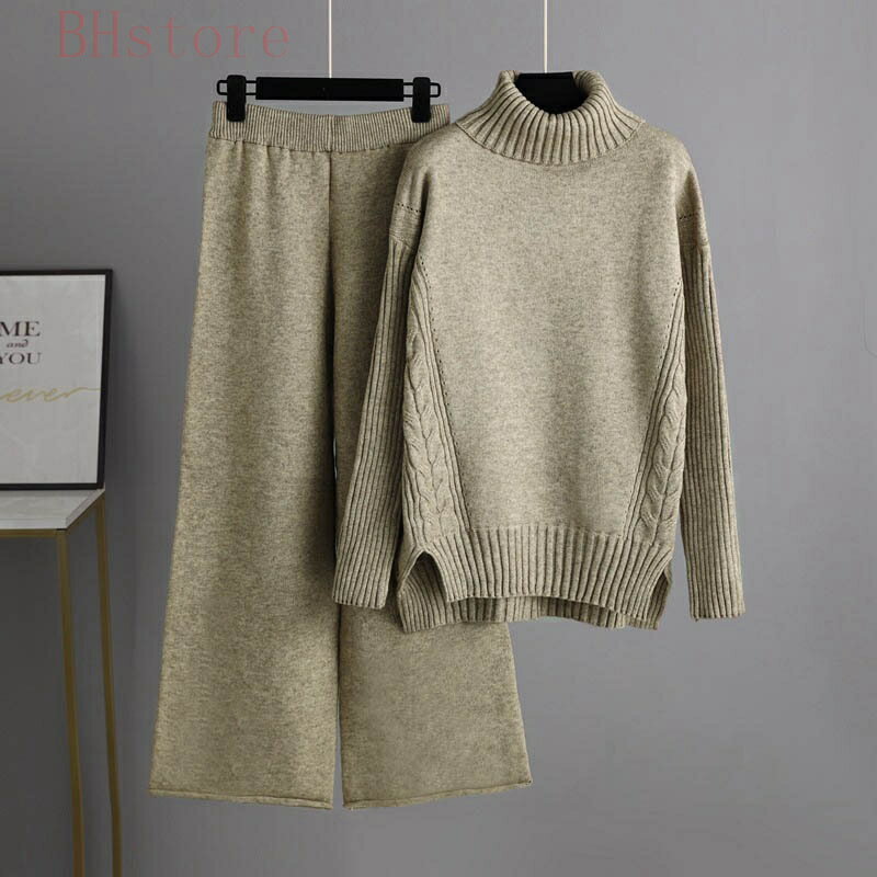 【2点セット 】ワイドパンツ セットアップ ハイカラー 可愛い レディース パンツスーツ セーター 上下 二点セット フォーマル 通勤 通学 カジュアル 秋冬 ファッション