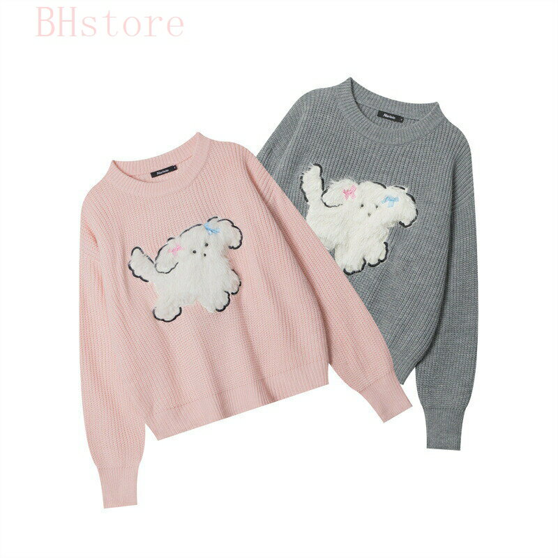 Crew Neck - ニット セーター トップス レディース プルオーバー クルーネック 長袖 ふわふわ 通勤 秋 冬 シンプル かわいい ゆるい カジュア ピンク グレー