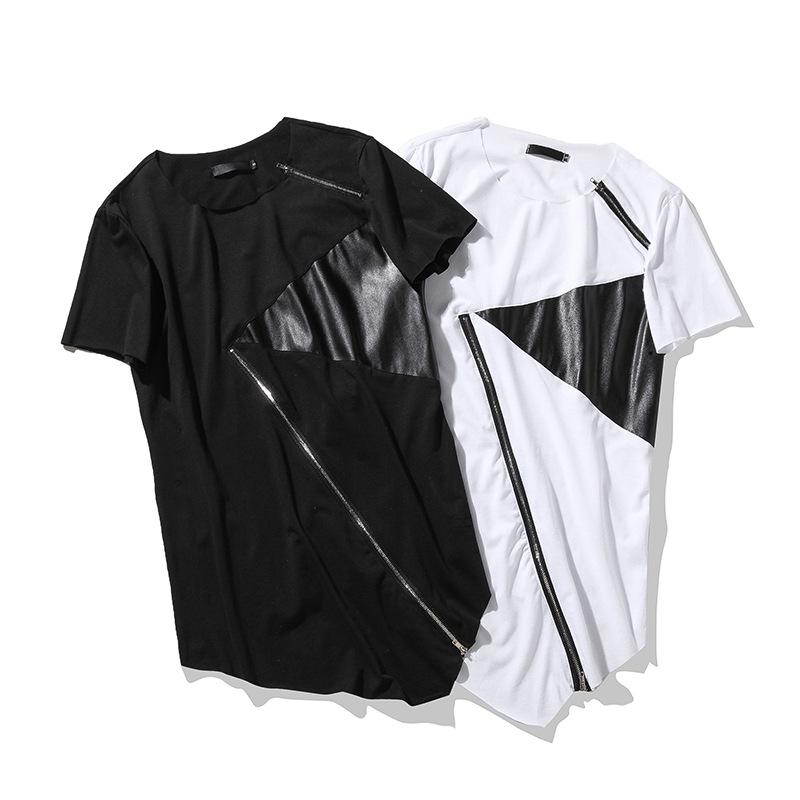 乐天商城 - tシャツ メンズ 半袖 PU レザー切り替え ストリート ZIP ビタ系 ジップ 不規則デザイン ロング丈 大きいサイズ ゆったり おしゃれ メカジ