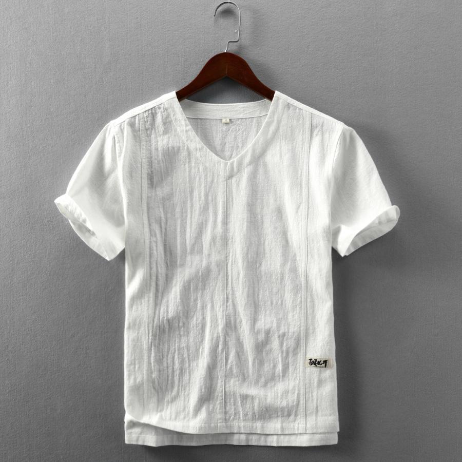 乐天商城 - tシャツ メンズ 半袖 メンズ リネン シンプル カジュアル 薄手 Vネックコットン 亜麻 綿麻 夏 男性 トップス