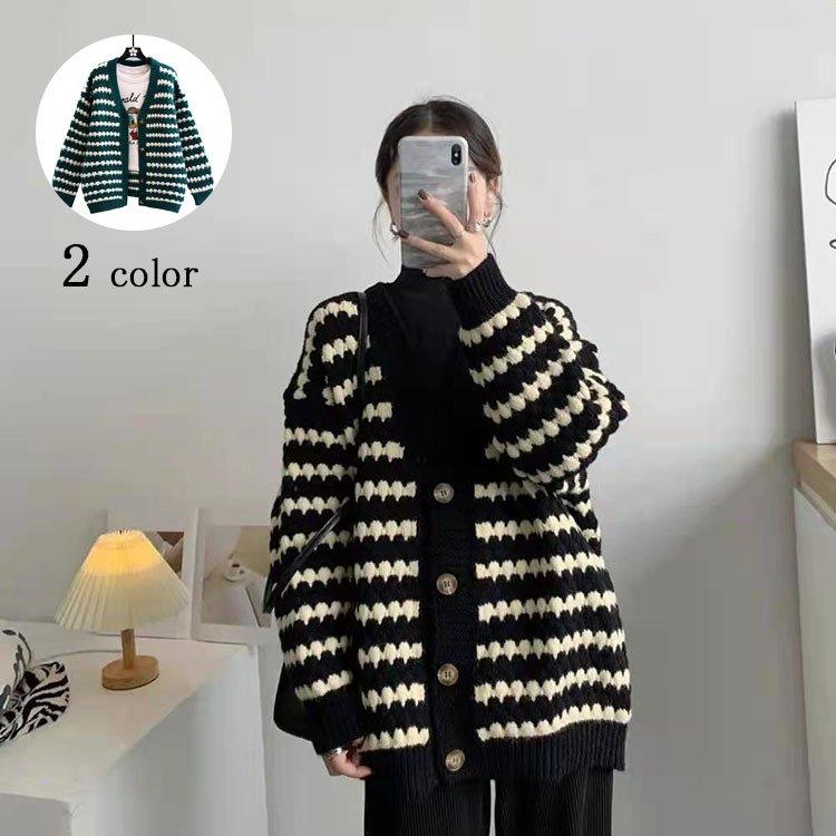 カーディガン 長袖 トップス 羽織り Vネック ゆったり ボーダー柄 レディース 秋 冬 トップス オフィス..