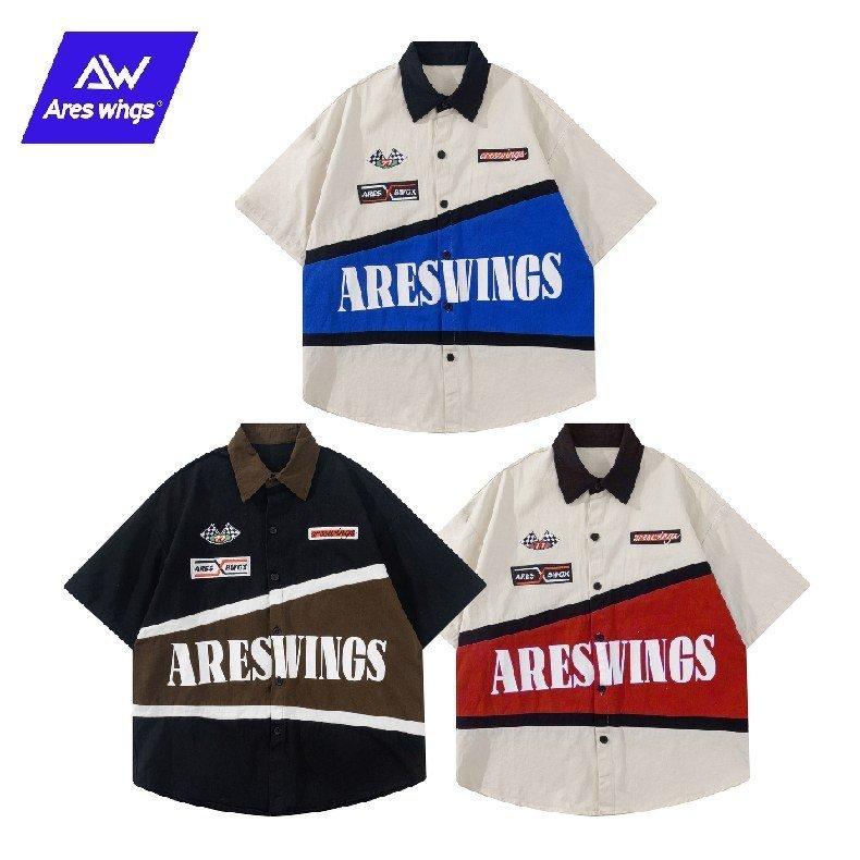 カジュアルシャツ 半袖 切り替え オシャレ アメカジ シャツ 刺繍入り ワッペン レーシング 英文字 こだ..