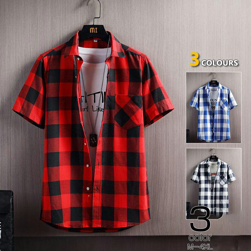 シャツ チェックシャツ メンズ 半袖 チェック柄 カジュアルシャツ ポケット付き カラー配色 半袖シャツ..