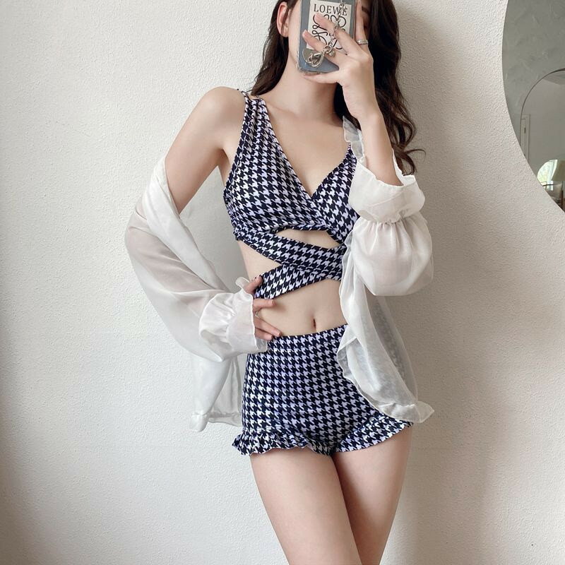 水着3点セット レディース 「M~XL」体型カバー水着 チェック柄 セパレート キュロット ビキニセット小胸バンドゥ オシャレ 韓国風 可愛い`スイムウェア ママ水着 温泉 かわいい バックシャン おしゃれ ぽっちゃり カバーアップ 小胸 バスト 盛れる uvカット