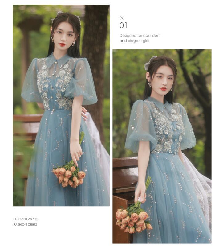 チャイナドレス レディース 春夏 ブルー レトロ 半袖 ロング丈 スタンドカラー 改良型 新中華風 ポリエステル 提花織り 刺繍 ハイカットスリット 普段着 カジュアル ワンピース