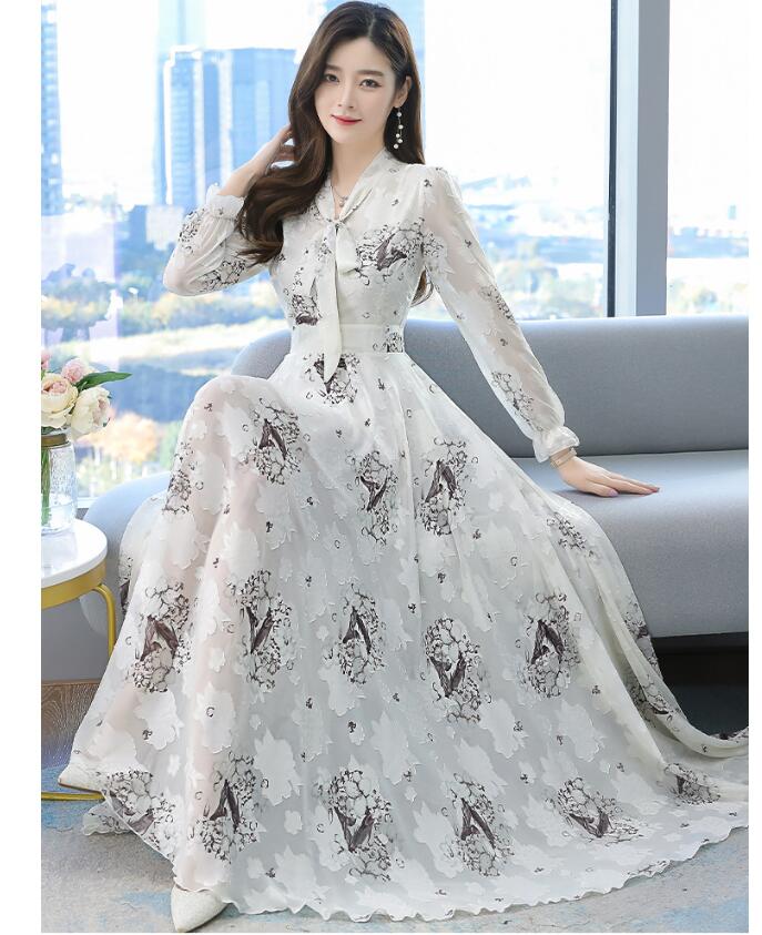 花柄ワンピース レディース マキシ丈ワンピース パーティードレス Aラインワンピ 上品 きれいめ 春 夏 秋 オシャレ 通勤 大人 OL 着痩せ 旅行用 「M~4XL」結婚式 30代 40代 体型カバー 着痩せ 通勤 長袖ワンピース 大きいサイズ ホワイト 杏色 ブラック