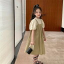 ワンピース キッズ 半袖 2セット ブラウン 子供服 春夏 女の子 ロングワンピース チュニック 子供ドレス ジュニア 可愛い シンプル 110 120 130 140 150 160 170