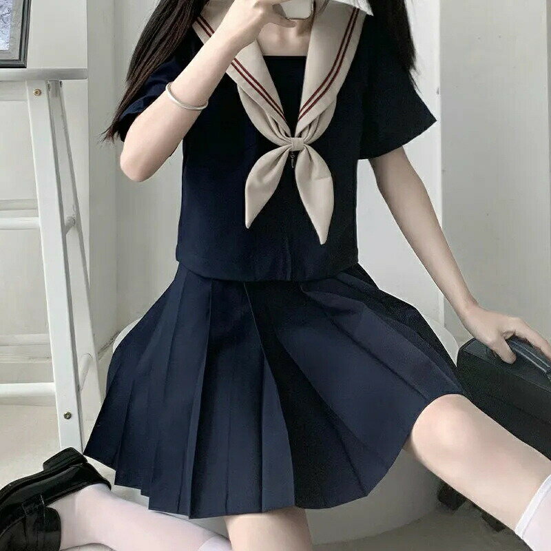 コスチューム衣装 コスプレ衣装 可愛い スカート 二本線 リボン コスプレ セーラー服 セットアップ 大きいサイズ 女子 制服 半袖 上下セット JK 高校生 ...