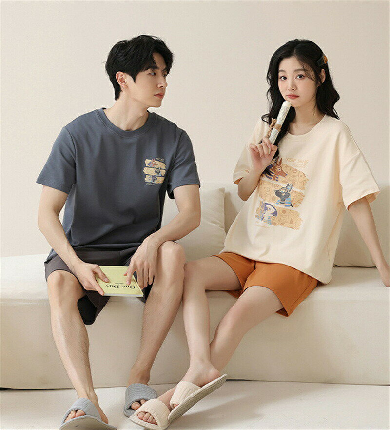 クロスユーのおしゃれ カップル ペア 部屋着 半袖 夏 男女2着 ペア パジャマ セット 春夏 レディース メンズ ルームウェア パジャマ 綿100% ペアパジャマ ギフト 結婚祝い プレゼント スウェット 上下セット パジャマ カップル お揃い プレゼント ペアルック 可愛い シンプル カジュアル｜アングル2