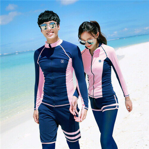 フードなし サーフパンツ レギンス ダイビング カップル ペアルック ペア水着 ラッシュガード ペア メンズ おしゃれ 水着 レディース 上下セット セットアップ 体型カバー セット 長袖 フィットネス ママ フィットネス水着 オトナ女子 女5点セット 男3点セット 紺 ピンク