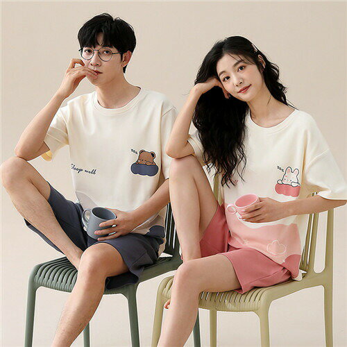 おしゃれ カップル ペア 部屋着 半袖 夏 男女2着 ペア パジャマ セット 春夏 レディース メンズ ルームウェア パジャマ 綿100% ペアパジャマ ギフト 結婚祝い プレゼント スウェット 上下セット パジャマ カップル お揃い プレゼント ペアルック クマ 可愛い シンプル