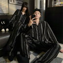 プレゼント カップル ペア セット 長袖 男女2着 セット ペア パジャマ 秋 シンプル 柔らかい 冬 前開き ストライプ ペア ルームウェア 結婚祝い パジャ...