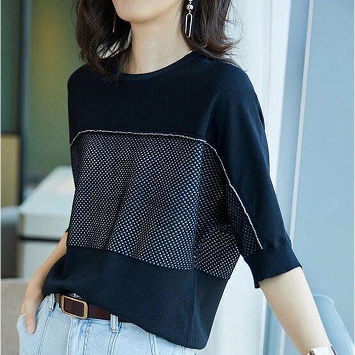 Tシャツ レディース 40代 春夏新作 上品Tシャツ ブラウス おしゃれ配色インナー 薄手ニット 五分袖トップス カジュアル 韓国風 大人通勤 ゆった