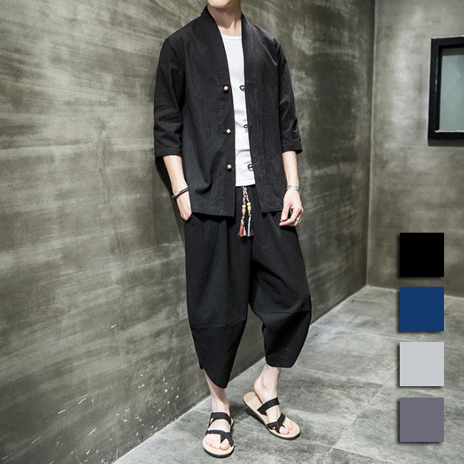 セットアップ メンズ チャイナ服 リネン ジャージ シャツ 上下2点セット スウェットセット サルエルパンツ ゆったり 春夏秋