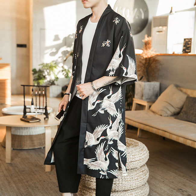 甚平 浴衣 メンズ 鶴柄 ロング丈 薄手 涼しい ゆったり 開襟 羽織 和服風 花火大会 部屋着 ルームウェア 春夏物