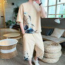 綿麻 メンズセットアップ 半袖Tシャツ&ショートパンツ2点セット リネン素材 無地 トップス 上下セット カジュアル 夏新作