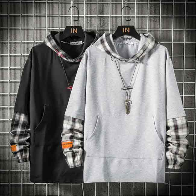 トップス 長袖パーカー スウェット パーカー メンズ 長袖パーカー チェック柄 秋服 重ね着風 トップス メンズパーカー メンズファッション