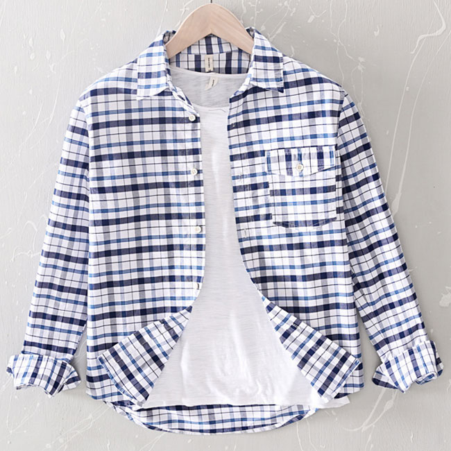 乐天商城 - リネン 綿麻シャツ メンズ チェック柄シャツ 長袖シャツ カジュアルシャツ 春夏シャツ 綿麻 ボタンダウンシャツ 無地 トップス 春夏 送料無料