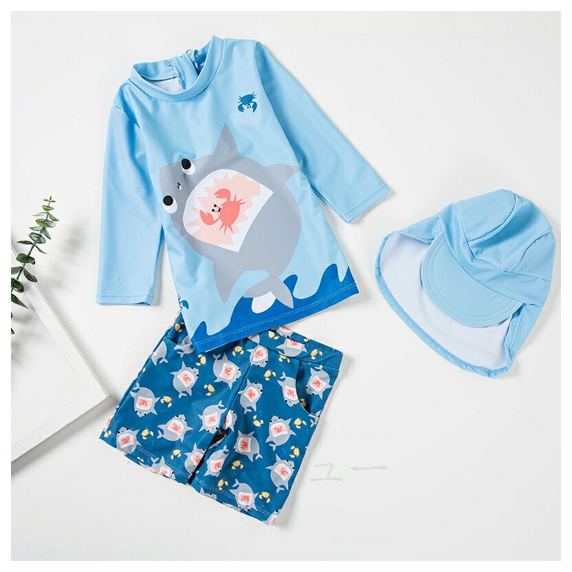 子供用水着 ハーフパンツ サメ匹 上下三点セット(上,下,帽子)75cm-135cm 軽い高弾性 肌守り 3点セット 男の子 キャップ付き 水泳 ジュニア サメ柄