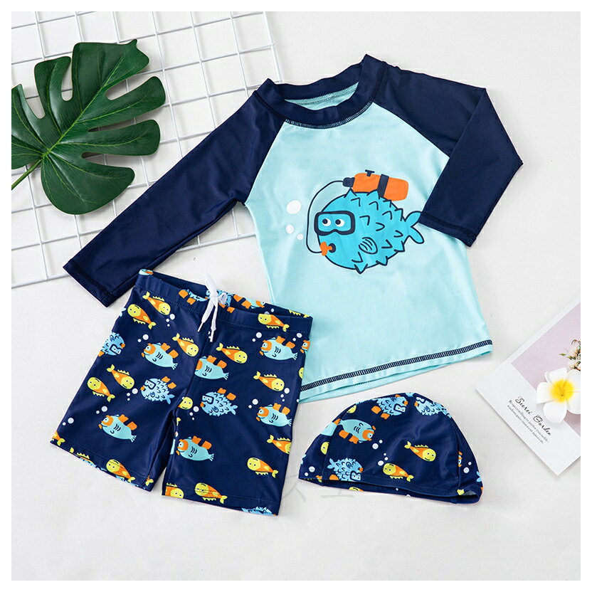 子供用水着 ハーフパンツ ふぐ 上下三点セット(上,下,帽子)75cm-135cm 軽い高弾性 肌守り 3点セット 男の子 キャップ付き 水泳 ジュニア サメ柄