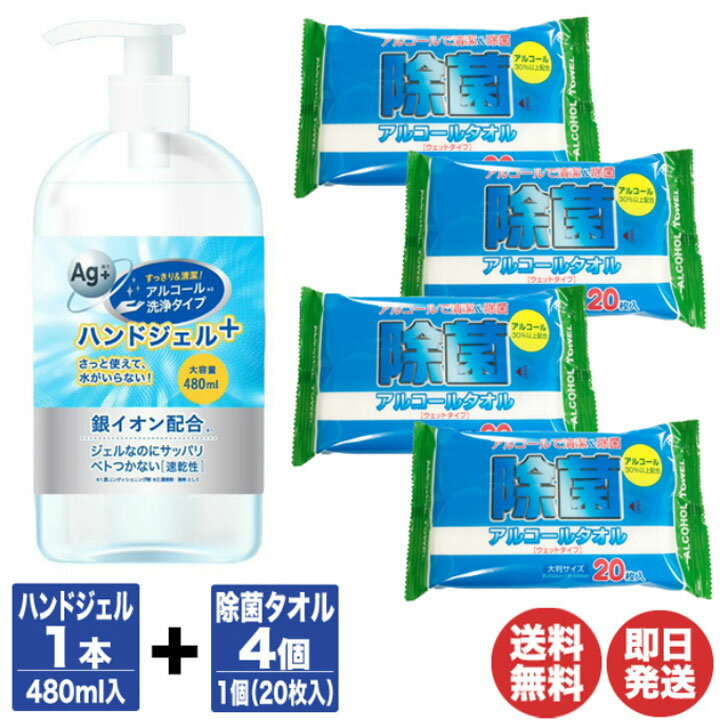 アルコールハンドジェル480ml×1本+除菌アルコールタオル ウェットタイプ 大判サイズ20枚入×4個