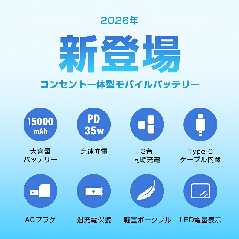モバイルバッテリー 2026年業界最新 15000mAh 57.75Wh コンセント一体型 巻き取り式 ケーブル内蔵 3台同時充電 大容量 3in1 パワーバンク USB-C出入力ポート Type-Cケーブル PD35W 急速充電 折りたたみ式プラグ PC充電可 iPhone17シリーズ対応 【PL保険加入済み製品・安心】