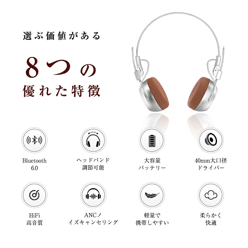 ワイヤレスヘッドホン イヤホン ヘッドセット レトロ Bluetooth6.0 ブルートゥースイヤホン 低遅延 ANC ENCノイズキャンセリング クリア通話 最新版 瞬時接続 自動ペアリング ハイレゾ対応 40mmドライバー HiFi高音質 折り畳み Type‐C急速充電 【PL保険加入済み製品・安心】 biso-jin-10002632 健康広場 サンプル画像3