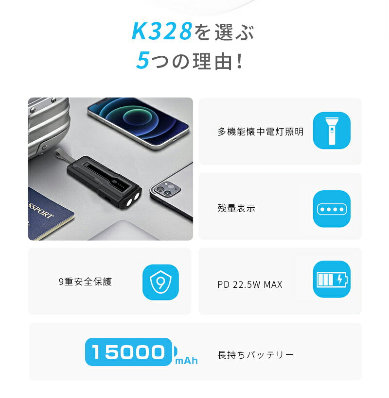 モバイルバッテリー 15000mAh 55.5Wh 懐中電灯型 LED ライト付き 緊急照明 2台同時充電 大容量 2in1 パワーバンク USB-C出入力ポート iPhone16充電 Type-Cケーブル付き PD22.5W 急速充電 pd充電器 USB充電器 小型 iPhone17シリーズ対応 【PL保険加入済み製品・安心】