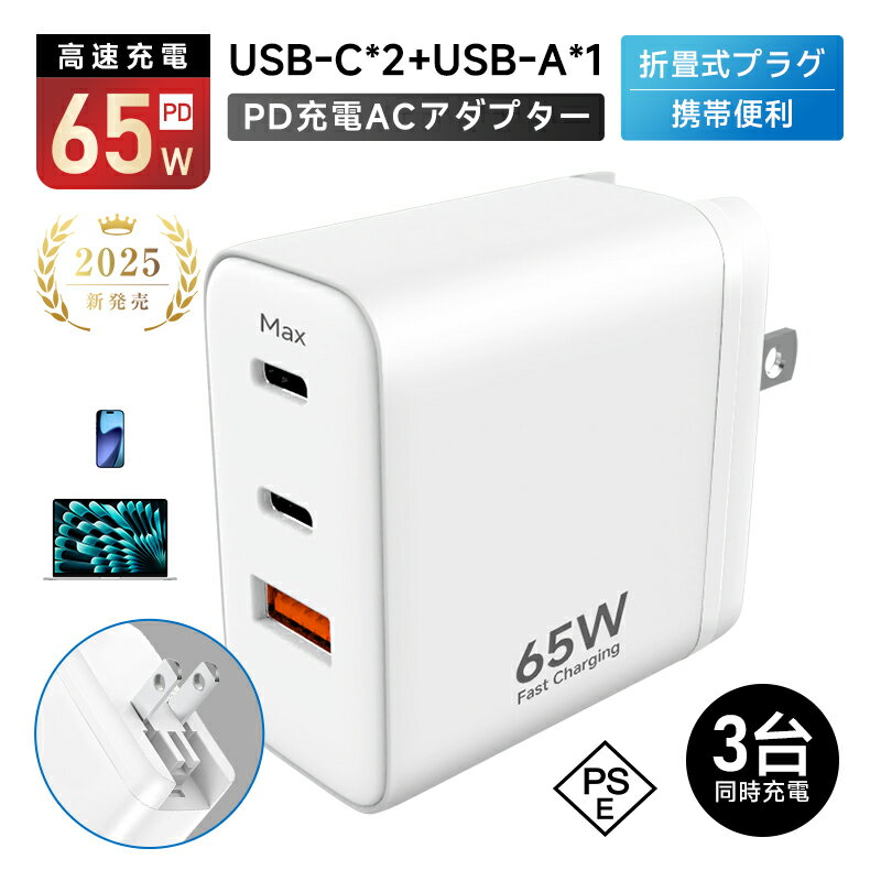 【セール半額×P10倍】PD 65W 急速充電器 ACアダプター USB充電器 PD対応 折りたたみ式プラグ 3ポート 3台同時充電 高速充電 温度制御 高熱防止 GaN充電器 USB-Cポート USB-Aポート スマホ・ノートPC対応 Xperia/GALAXY 【PL保険加入済み製品・安心】