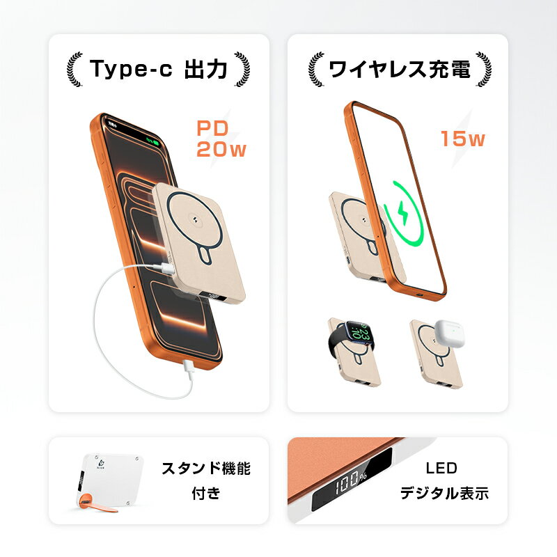 モバイルバッテリー 「3in1マグネットワイヤレス充電スタンド」 6800mAh 大容量 MagSafe対応 iPhone17充電 PD20W 磁気充電15W 急速充電 QC / QI対応 無線充電パワーバンク 2台同時充電 USB充電バッテリー 360°回転スタンド 角度調整 薄型 軽量 【PL保険加入済み製品・安心】