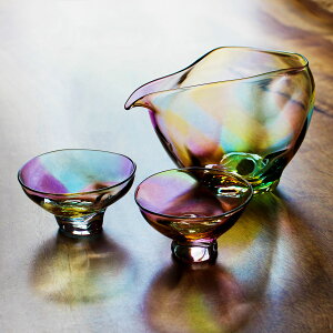 glasscalico グラスキャリコ ハンドメイド ガラス酒器 ミナモプリズム 冷酒器セット (片口・ぐい呑 2個) おしゃれ ギフト プレゼント