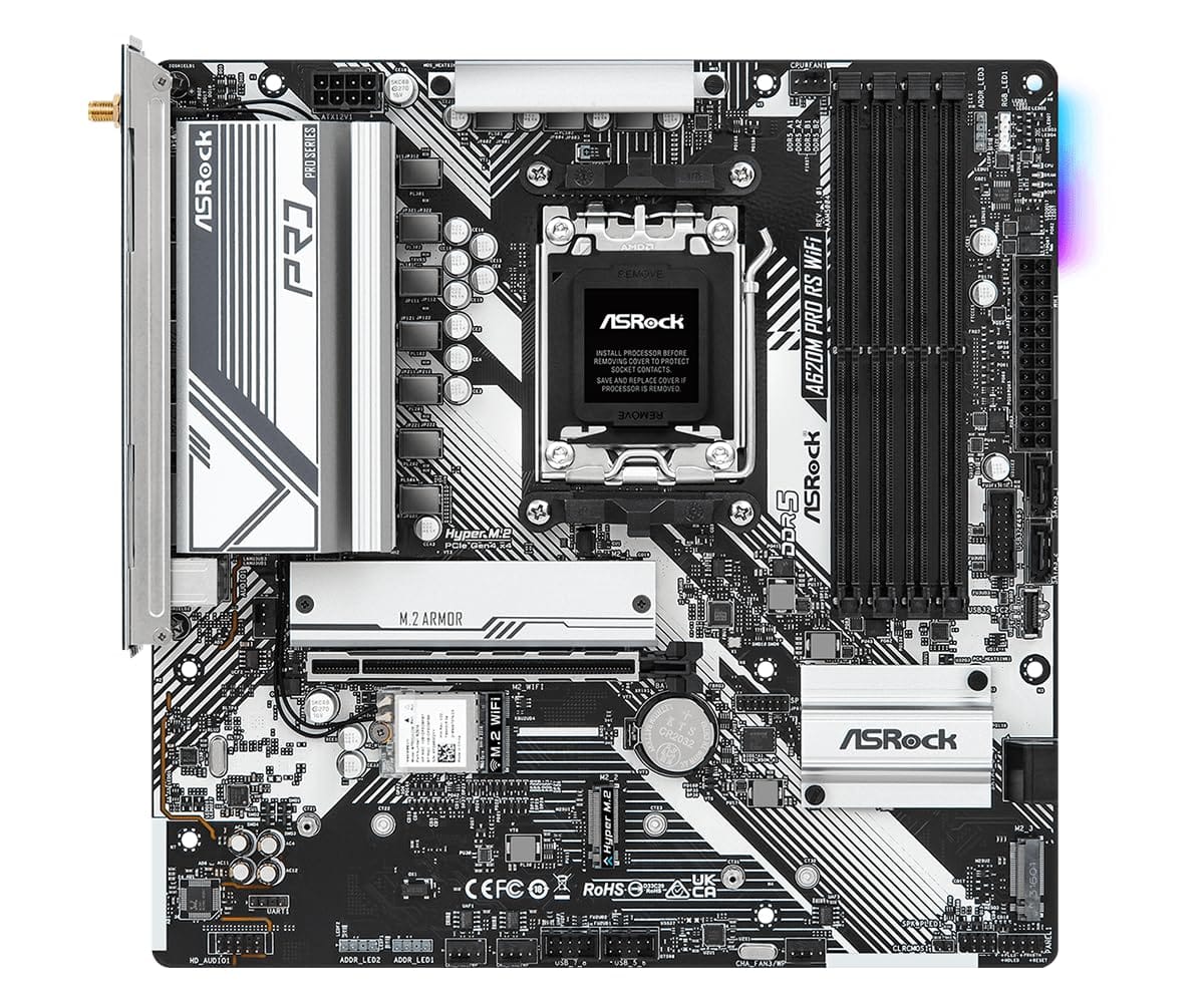AMD Socket AM5 Ryzen 7000シリーズプロセッサーに対応。6+2+1電源フェーズ、Dr.MOS、120W CPU対応。DDR5 7200+ MHz (OC) に対応。PCIe 4.0 x16 x 1。グラフィックス出力オプション:HDMI、DisplayPort