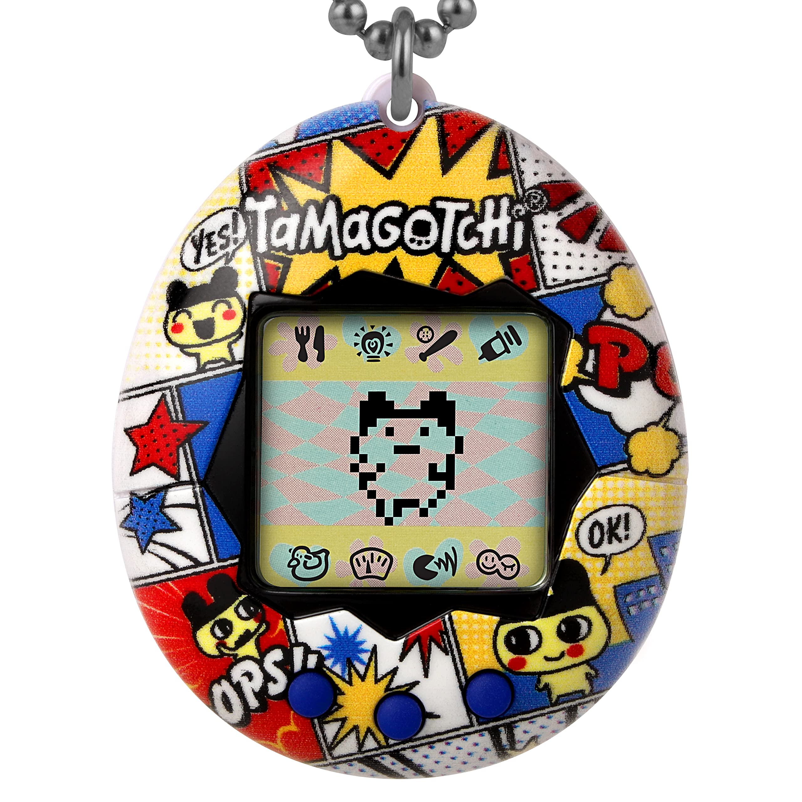 1997年に人気を博したOriginal Tamagotchi(オリジナルたまごっち)というデジタルペットが、オリジナルのプログラミングで復活しました。 ご飯をあげたり、ライトを点けたり消したり、一緒に遊んだり、薬をあげたり、トイレを使った後に水を流したり、健康状態を確認したりします。また、たまごっちが嬉しい時、ご飯をあげてすべての後片付けをし終えた時に困らせる場合はたまごっちをしつけることができます。たまごっちが次にどの方向に動くかを推測する、キャラクターゲームもプレイできます。明るいまめっちコミックブックシェルに、ホワイトの「Tamagotchi」、ブラックのフレームやボタン。オリジナルのプログラミングやキャラクターたち。たまごっちを卵から子供へ、子供から大人へと育てます。お世話の仕方によって、7種類の大人のうちのどれになるかが決まります。 どこへでも持って行ける、チェーン付きのたまごっち1点です。電池(CR2032)が付属します。 対象年齢：8歳以上。商品の形状： 丸型。対象性別：女性。