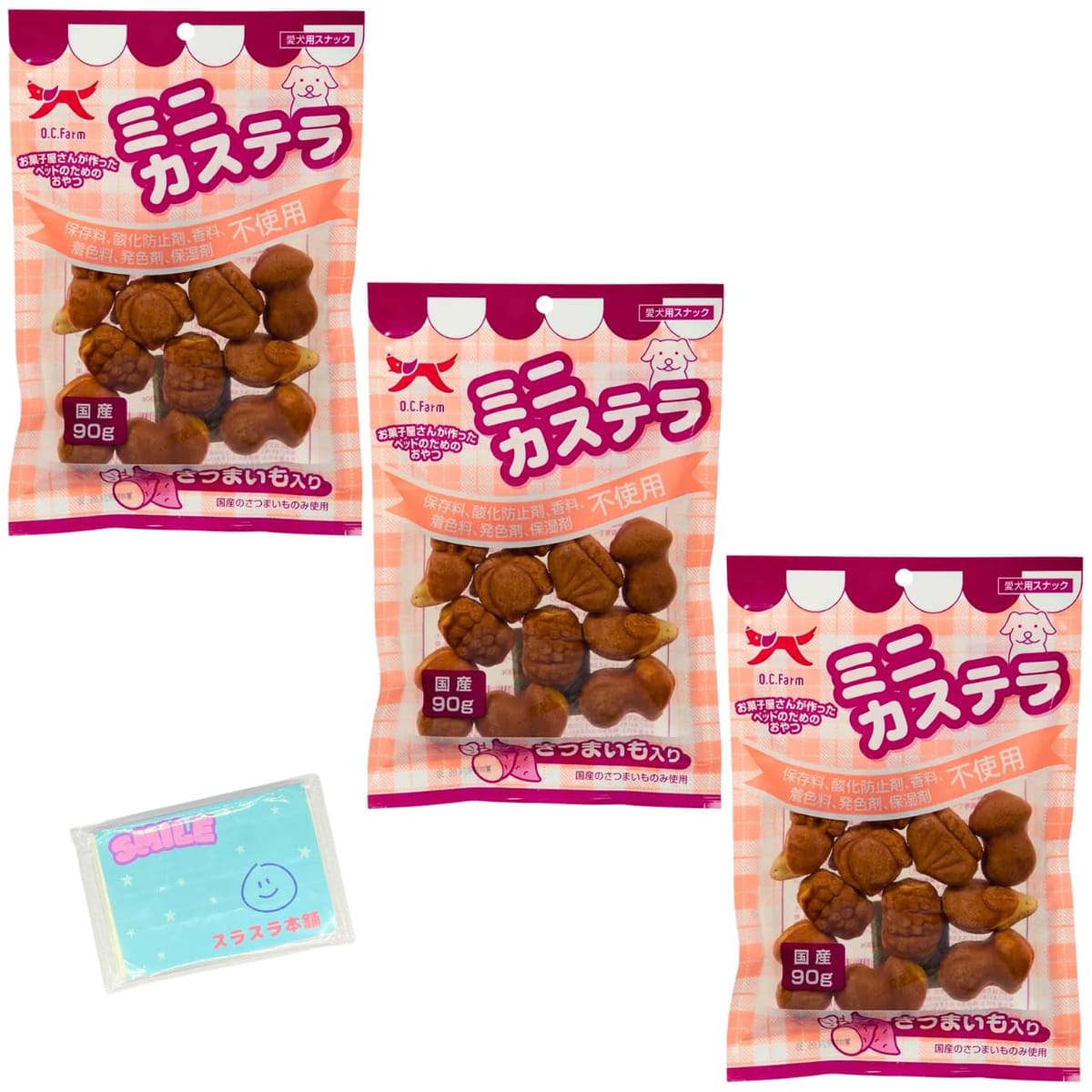 オーシーファーム 犬用 ミニカステラ さつまいも入り 90g ×3袋セットです。お菓子屋さんが作った愛犬のためのカステラです。 さつまいも入りです。 オーシーファーム 犬用 ミニカステラ さつまいも入り 90g ×3袋セットです。 お菓子屋さんが作った愛犬のためのカステラです。 さつまいも入りです。